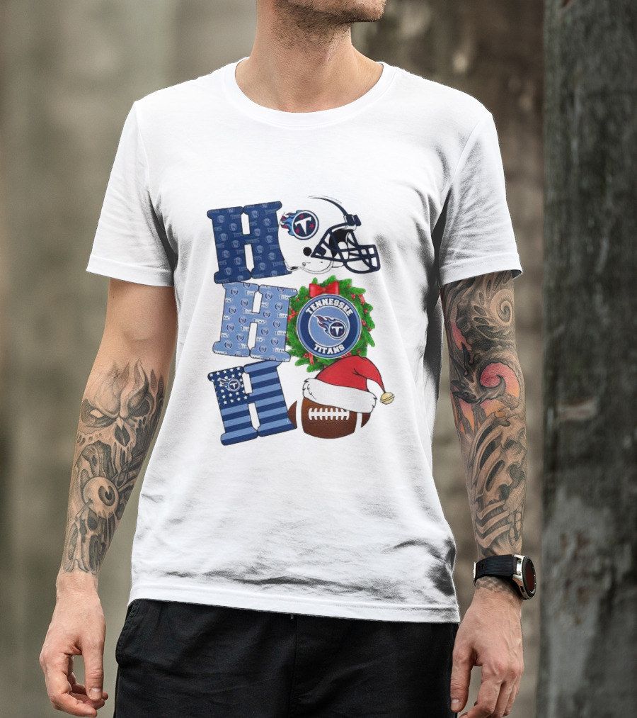 Tennessee Titans Ho Ho Ho Merry Christmas Football Helmet Santa Hat Wreath T-Shirt