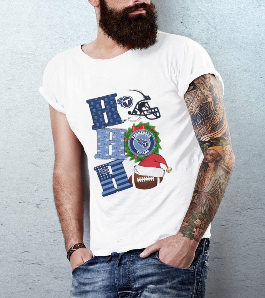 Tennessee Titans Ho Ho Ho Merry Christmas Football Helmet Santa Hat Wreath T-Shirt
