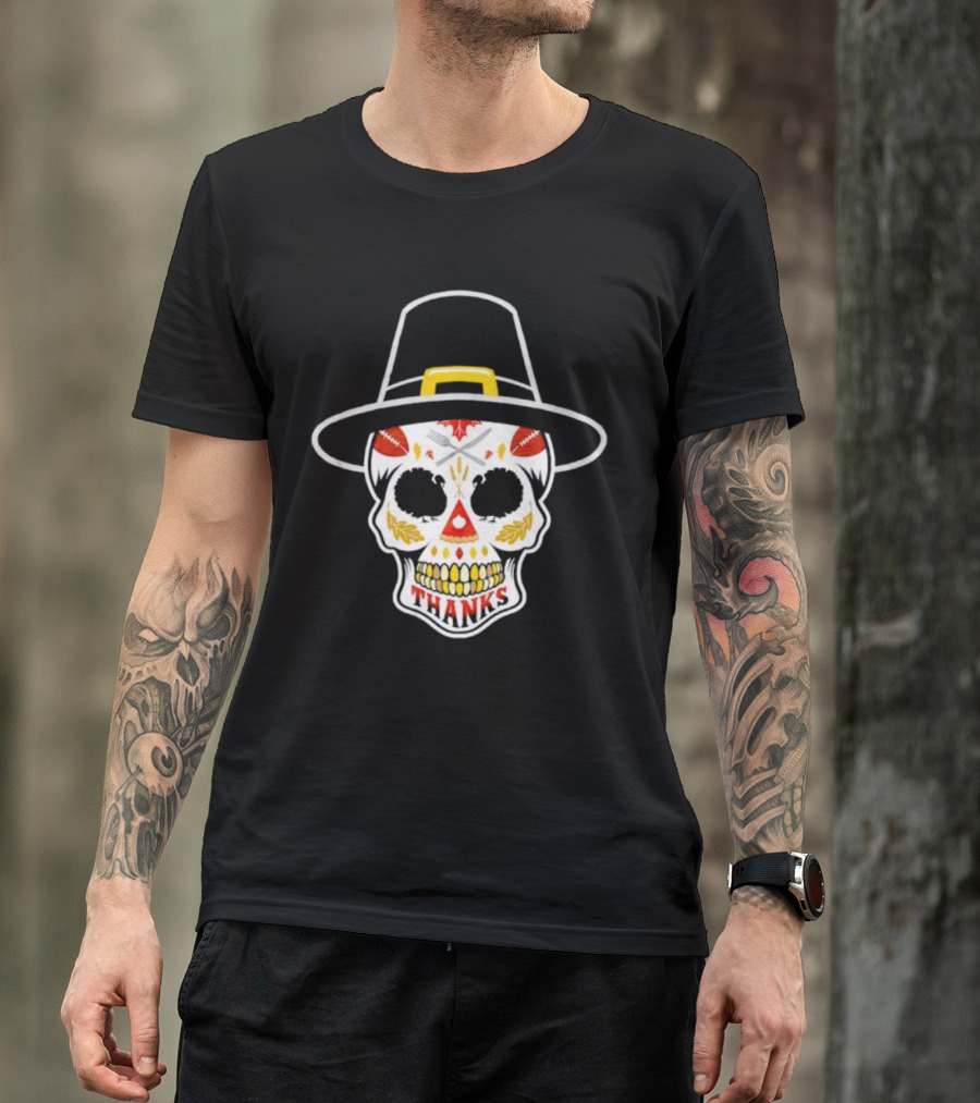 Thanksgiving Sugar Skull Thanks Pilgrim Hat Football Leaves T-Shirt