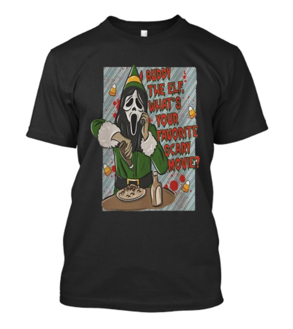 Buddy The Elf What's Your Favorite Scary Movie Ghoshtface Eating Pasta With Candy Corn And Bottle T-Shirt