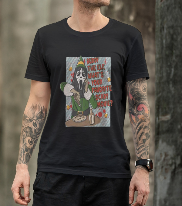 Buddy The Elf What's Your Favorite Scary Movie Ghoshtface Eating Pasta With Candy Corn And Bottle T-Shirt
