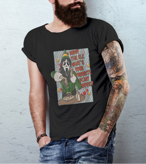 Buddy The Elf What's Your Favorite Scary Movie Ghoshtface Eating Pasta With Candy Corn And Bottle T-Shirt