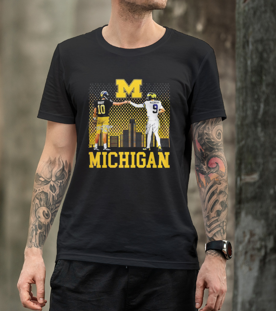 Michigan Wolverines Tom Brady Jj McCarthy Iconic Players Fist Bump Skyline T-Shirt