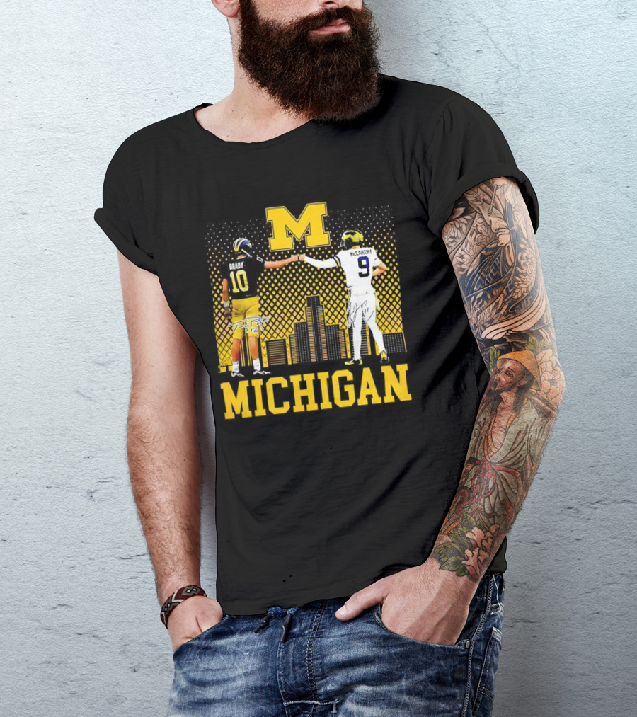Michigan Wolverines Tom Brady Jj McCarthy Iconic Players Fist Bump Skyline T-Shirt