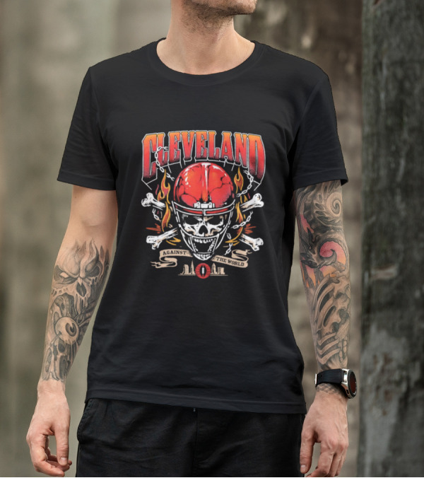 Cleveland Against The World Skull Helmet Flames Crossbones T-Shirt