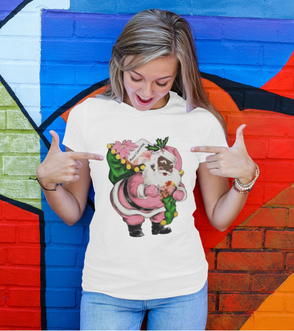 Merry Christmas Santa Claus Wear Pink Outfit With Sack And Toys T-Shirt