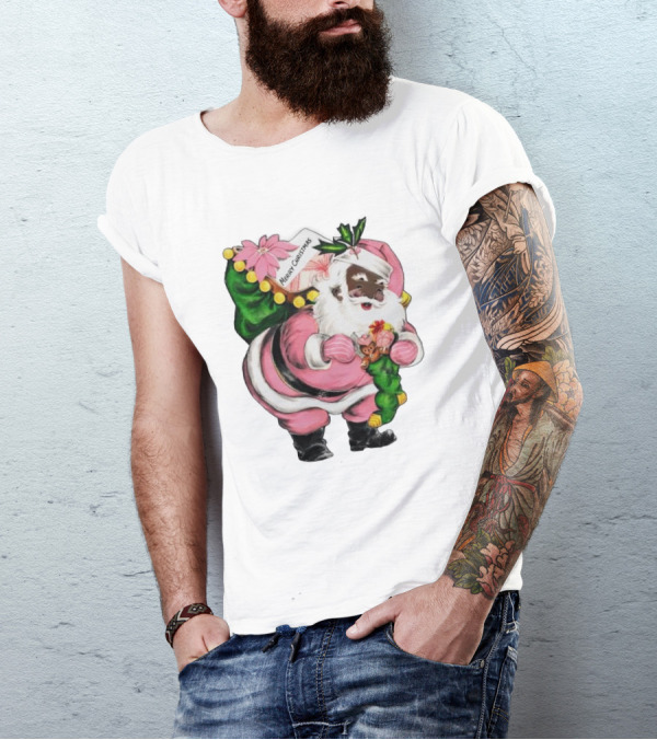 Merry Christmas Santa Claus Wear Pink Outfit With Sack And Toys T-Shirt