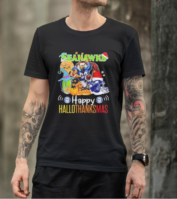 Seattle Seahawks Happy HalloThanksMas Holiday T-Shirt