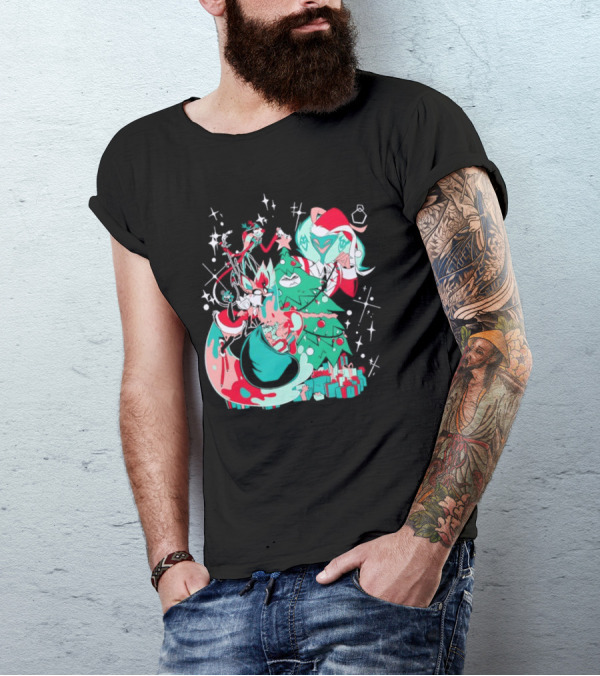 Shark Robot Sinful Holiday Christmas Hazbin Hotel Festive Tree And Characters T-Shirt