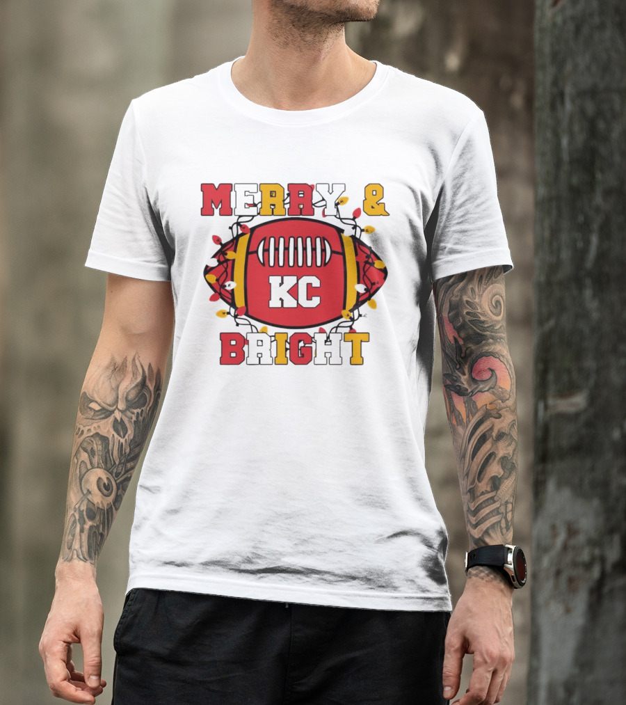 Kansas City Chiefs KC Merry And Bright Football Christmas T-Shirt