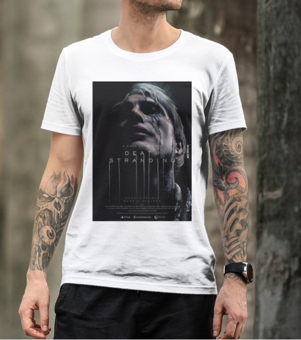 A Hideo Kojima Game Death Stranding Poster With Actor's Face And Title In Dripping T-Shirt