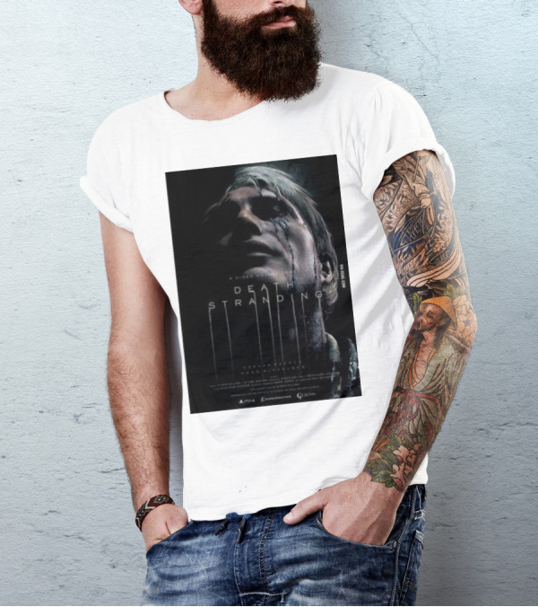 A Hideo Kojima Game Death Stranding Poster With Actor's Face And Title In Dripping T-Shirt