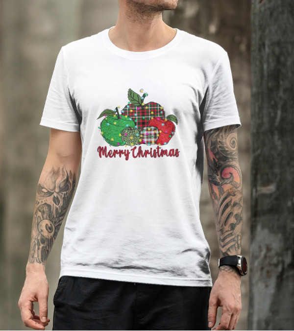 Merry Christmas Apples Plaid And Lights T-Shirt