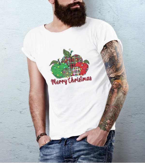 Merry Christmas Apples Plaid And Lights T-Shirt