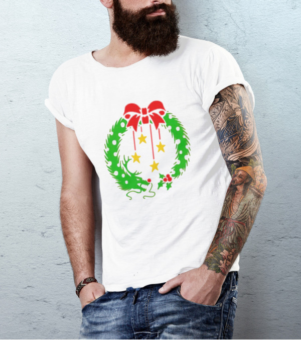 Christmas Wreath Dragon With Four Stars And Red Bow T-Shirt