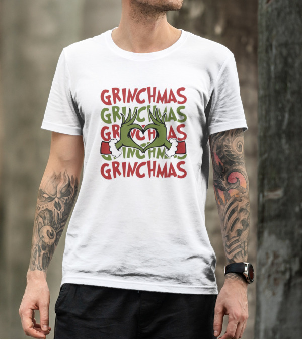 Grinch Hand Heart Love Grinchmas Repeating Text T-Shirt