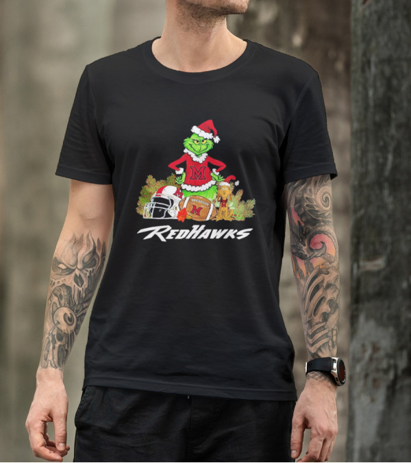 Grinch With Miami RedHawks Christmas Football Santa Hat T-Shirt