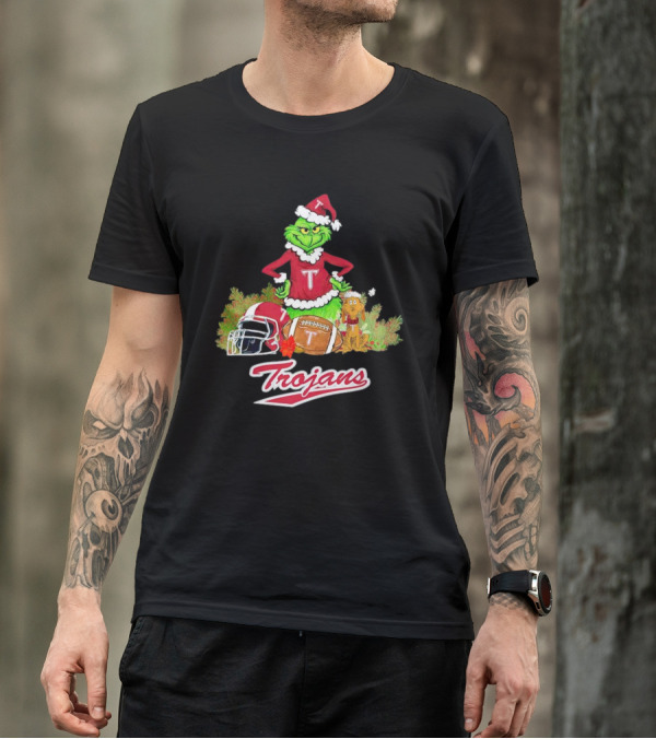 Grinch Troy Trojans Christmas Football Festive Scene T-Shirt