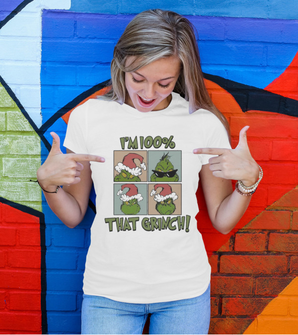 I'm 100% That Grinch Christmas Icon With Santa Hat And Sunglasses T-Shirt