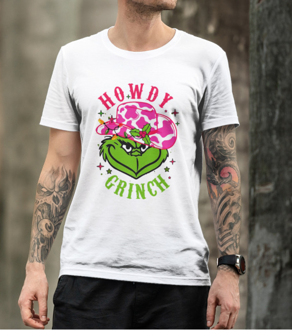Howdy Grinch Christmas Cowboy Hat Festive Lights T-Shirt
