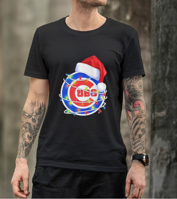 Chicago Cubs Festive Christmas Lights With Santa Hat T-Shirt