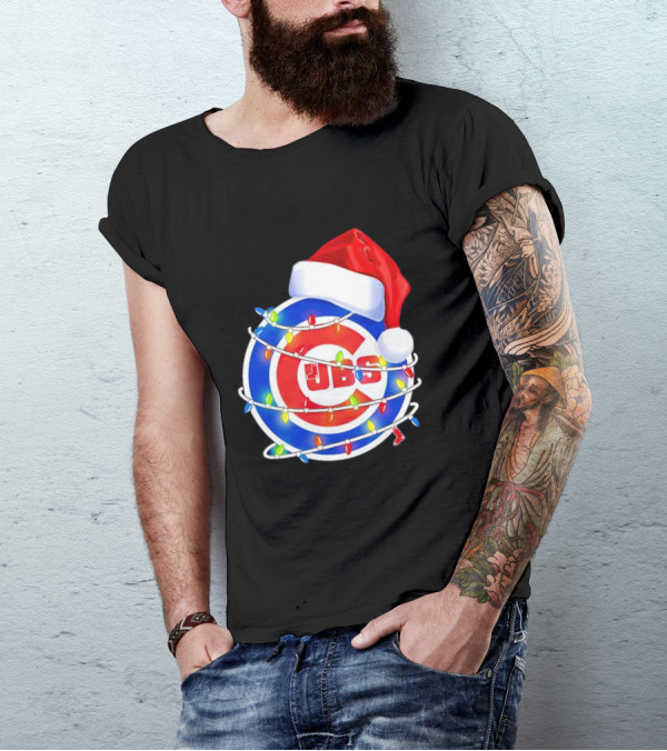 Chicago Cubs Festive Christmas Lights With Santa Hat T-Shirt