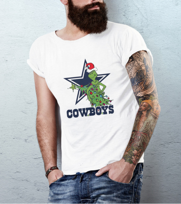 Dallas Cowboys Grinch In Santa Hat With Christmas Tree And Star T-Shirt