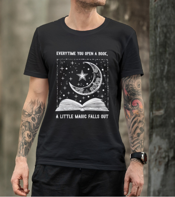 Everytime You Open A Book A Little Magic Falls Out With Starry Crescent Moon And Open Pages T-Shirt