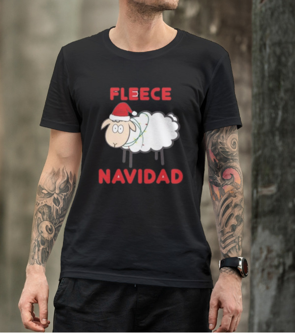 Fleece Navidad Christmas Sheep With Santa Hat And Festive Lights T-Shirt