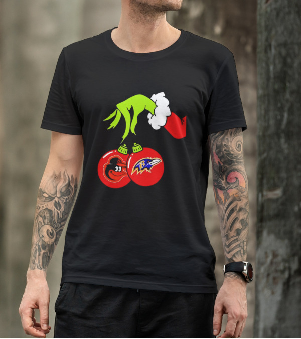 Grinch Hand Holding Baltimore Ravens And Orioles Christmas Ornaments T-Shirt