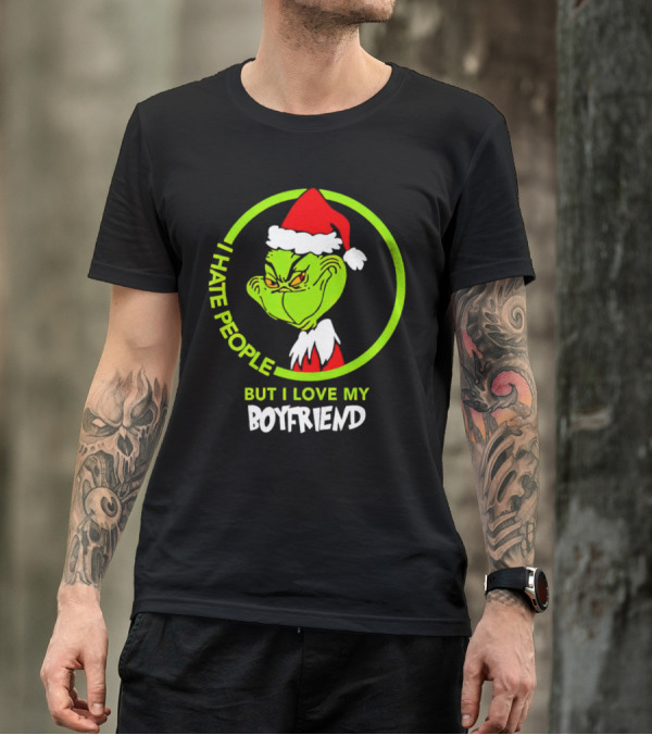 Grinch I Hate People But I Love My Boyfriend Christmas Santa Hat T-Shirt