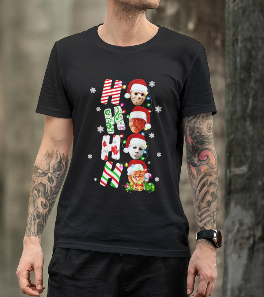 Ho Ho Ho Horror Movies Characters Christmas Snowflakes Santa Hats T-Shirt
