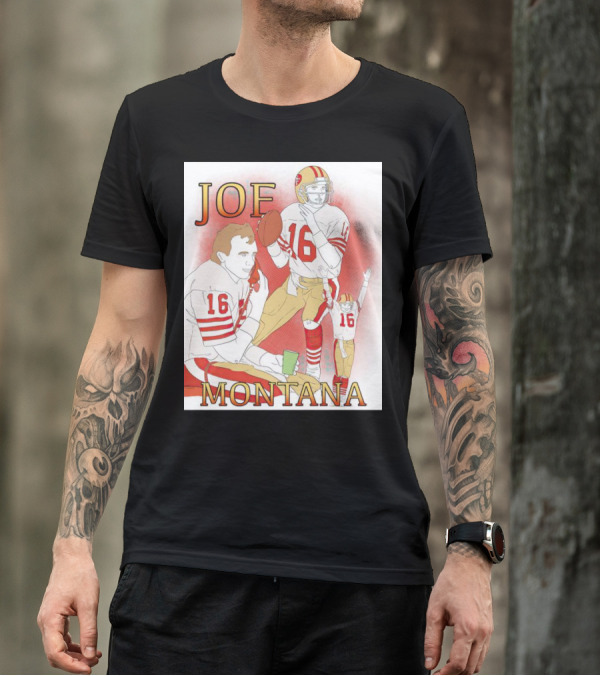 Joe Montana Football Quarterback Collage 16 Red And Gold T-Shirt