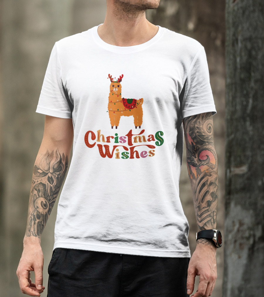 Christmas Wishes Llama Reindeer With Lights T-Shirt