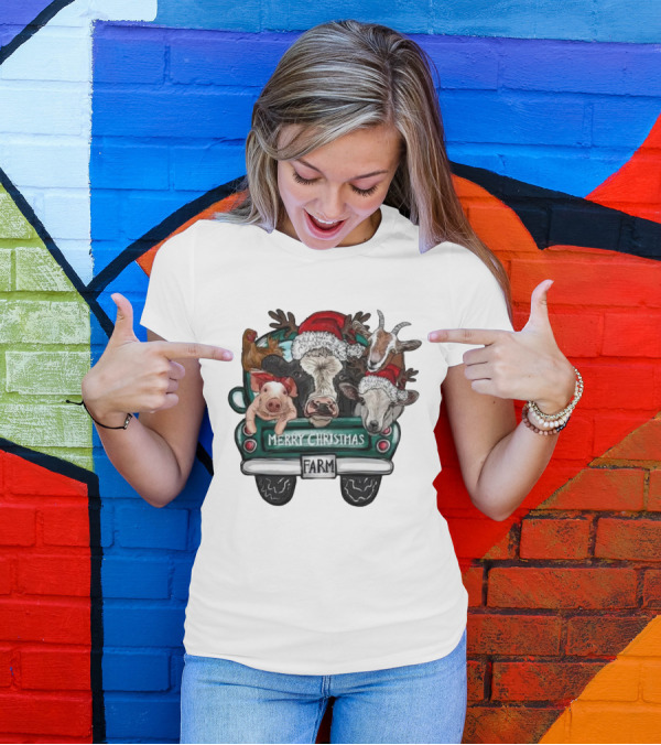 Merry Christmas Farm Animals In Holiday Truck T-Shirt