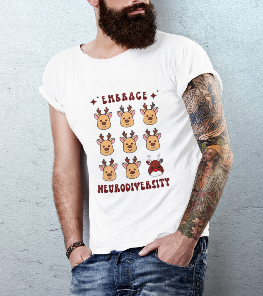 Embrace Neurodiversity Reindeer Faces Red Nose T-Shirt