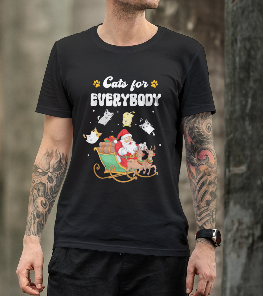 Santa With Flying Cats And Reindeer Sleigh For Everybody Christmas T-Shirt
