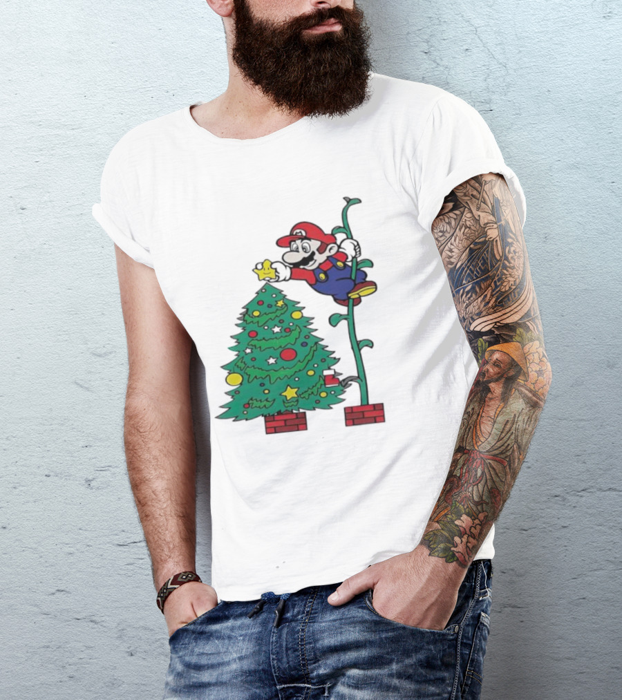 Super Mario Decorating Christmas Tree With Power-Up Star And Brick Blocks T-Shirt