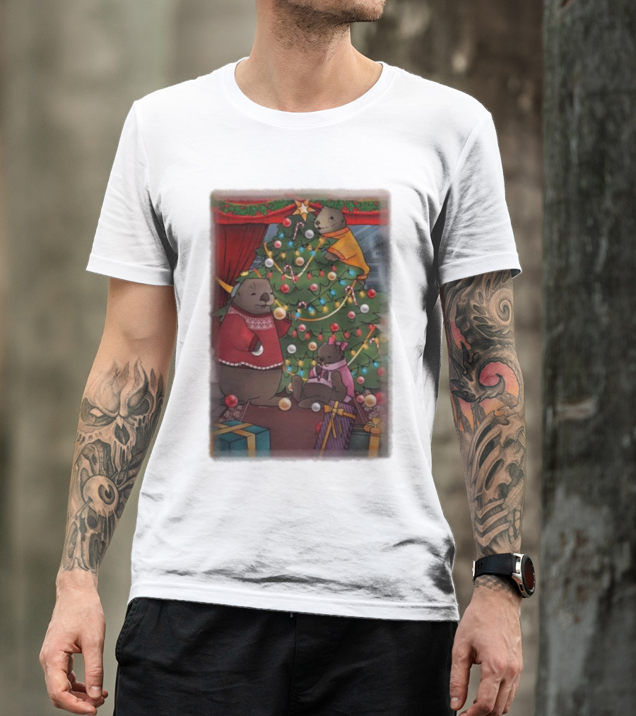 Tazz Talks Christmas Tree Celebrations With Adorable Bear Family Holiday Scene T-Shirt