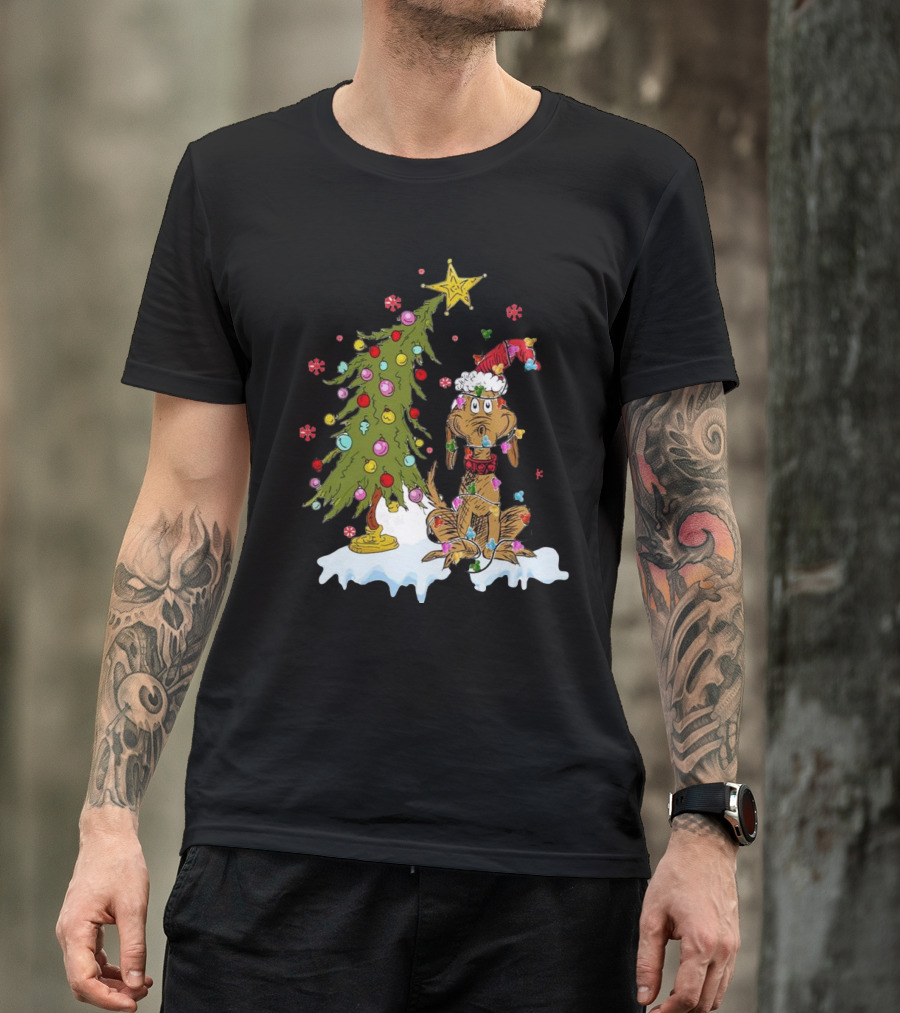 Christmas Max Dog Wrapped In Lights With Grinch Tree Scene T-Shirt