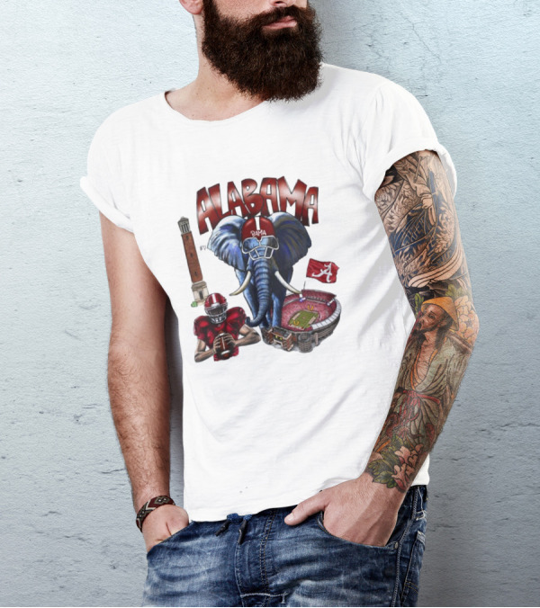 Alabama Crimson Tide Football Elephant Stadium Football Player Old Main Tower Bama T-Shirt