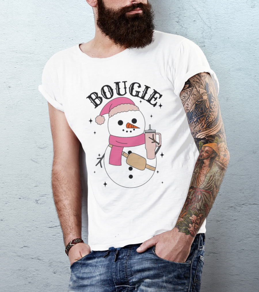 BOUGIE Snowman In Pink Hat And Scarf With Drink Cup T-Shirt