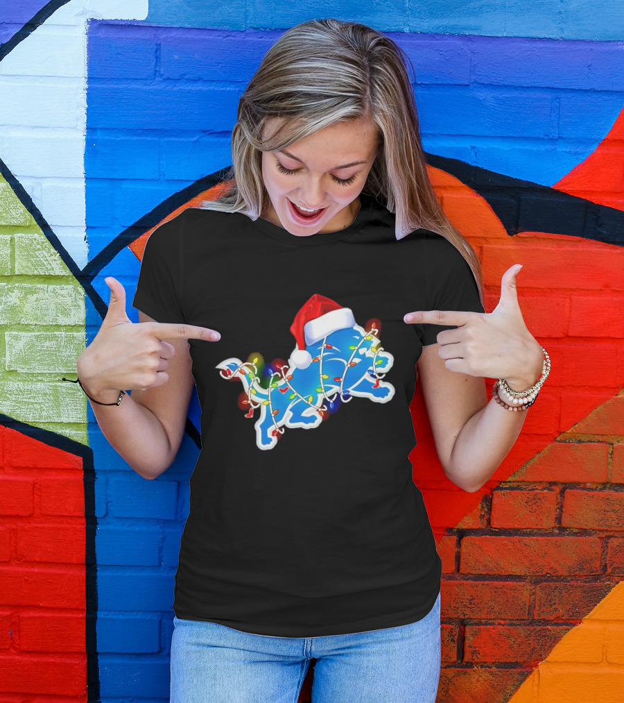 Detroit Lions Christmas Lights Santa Hat Holiday Football T-Shirt