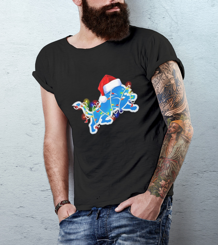 Detroit Lions Christmas Lights Santa Hat Holiday Football T-Shirt