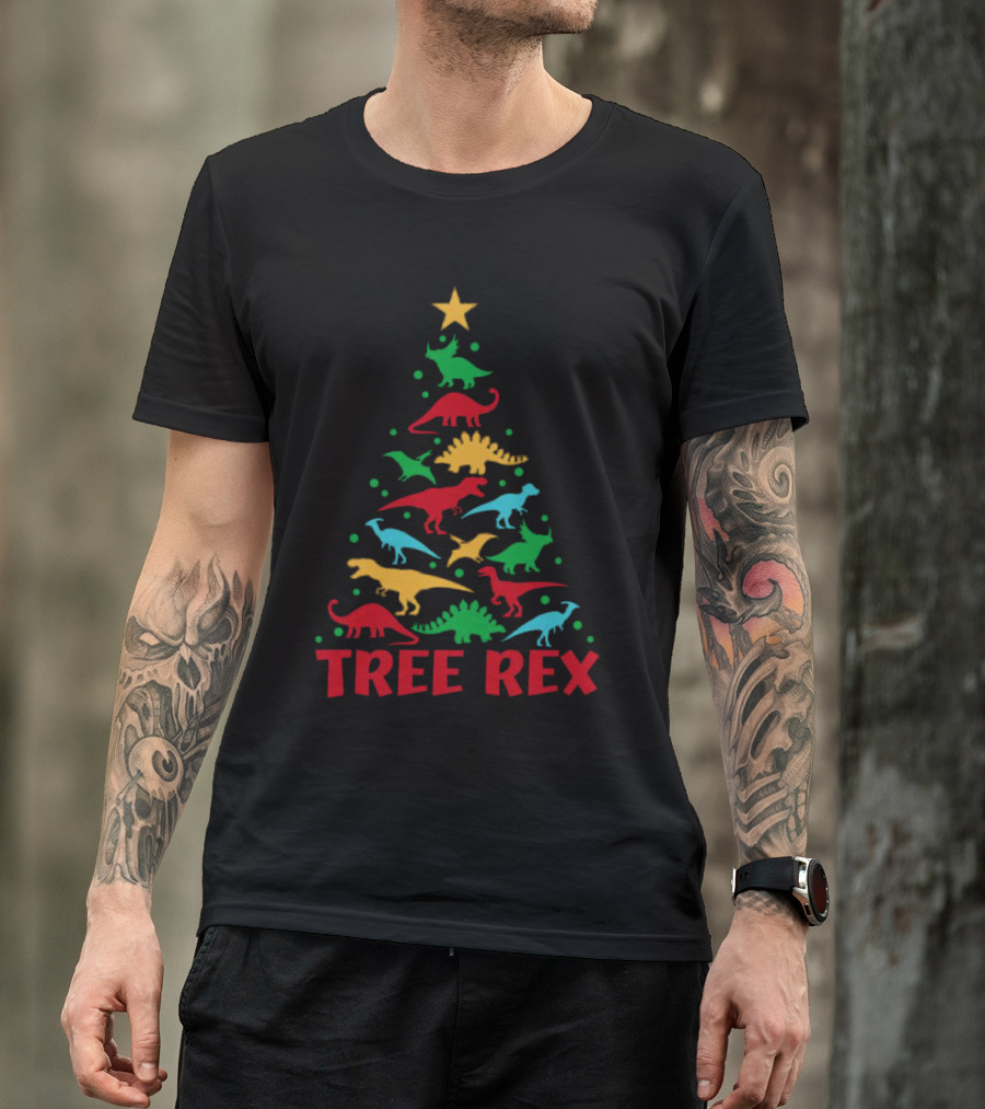 Tree Rex Dinosaur Christmas Tree With Colorful Dinosaurs T-Shirt