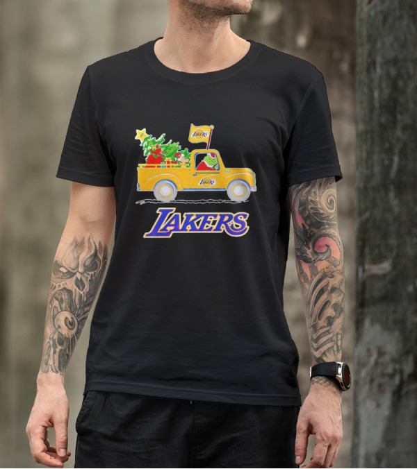 Grinch Driving Los Angeles Lakers Truck With Christmas Tree T-Shirt