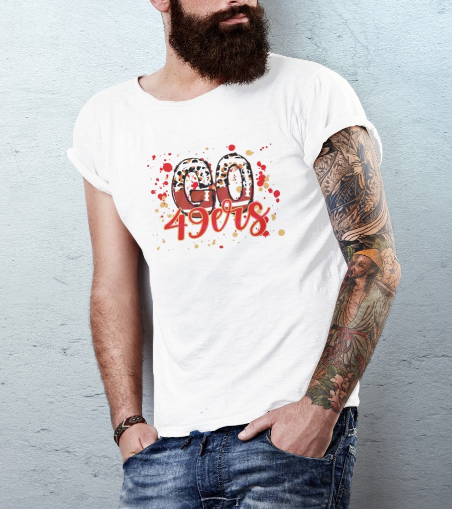 Leopard Print Go 49ers Red And Gold Text With Splatter T-Shirt