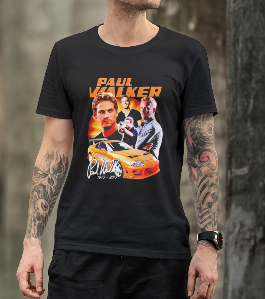 Paul Walker 1973-2013 Collage Signature Orange Car T-Shirt