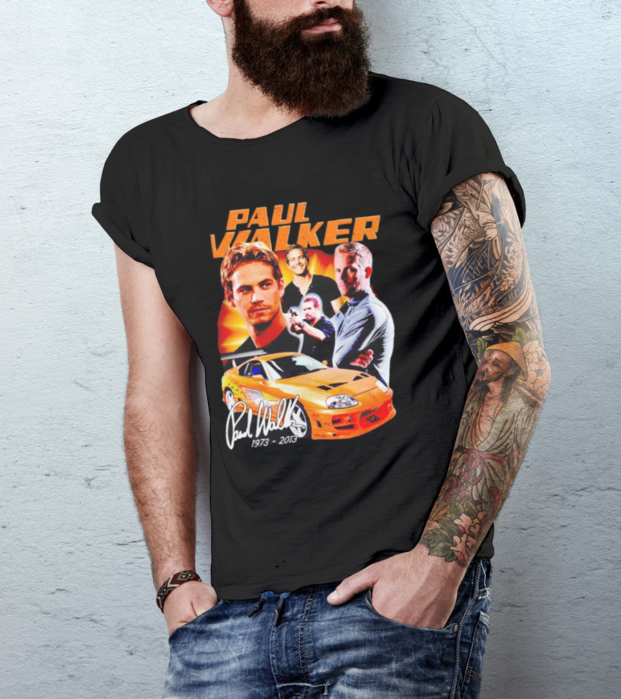 Paul Walker 1973-2013 Collage Signature Orange Car T-Shirt