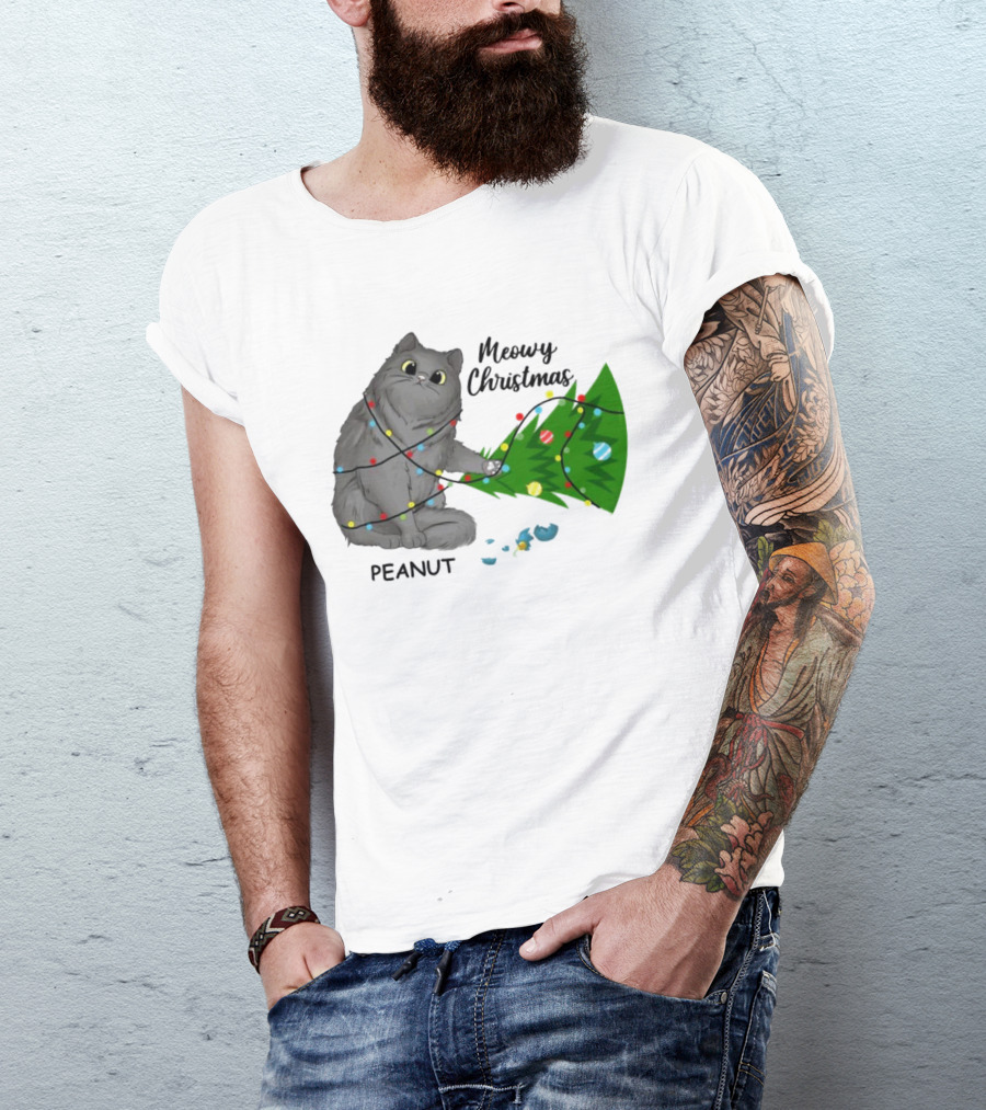 Meowy Christmas Cat Wrapped In Lights With Custom Name Peanut T-Shirt